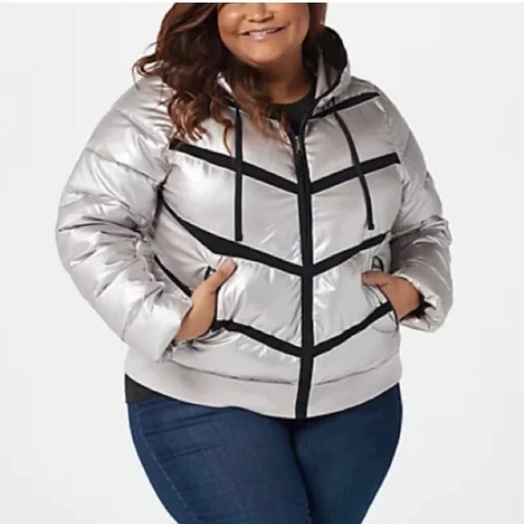 Zuda Women's Quilted Pearlized Puffer Hoodie Jacket Silver M - Picture 5 of 5